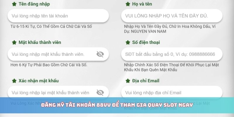 Đăng ký tài khoản 88Vv để tham gia quay slot ngay